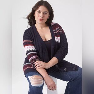 Lane Bryant|Classic button front cable & jacquard cardigan in geometric pattern•